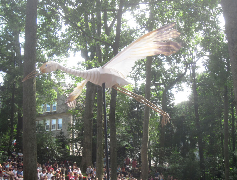 Majestic crane puppet flies over the audience